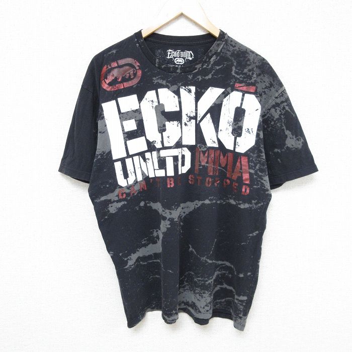 XL★古着 エコー ECHO 半袖 ブランド Tシャツ メンズ ビッグロゴ コットン クルーネック 黒他 ブラック 24jul12 中古