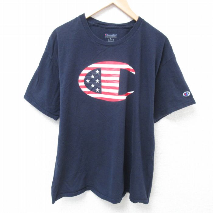 XL★古着 チャンピオン Champion 半袖 ブランド Tシャツ メンズ ビッグロゴ コットン クルーネック 紺 ネイビー 25apr01 中古