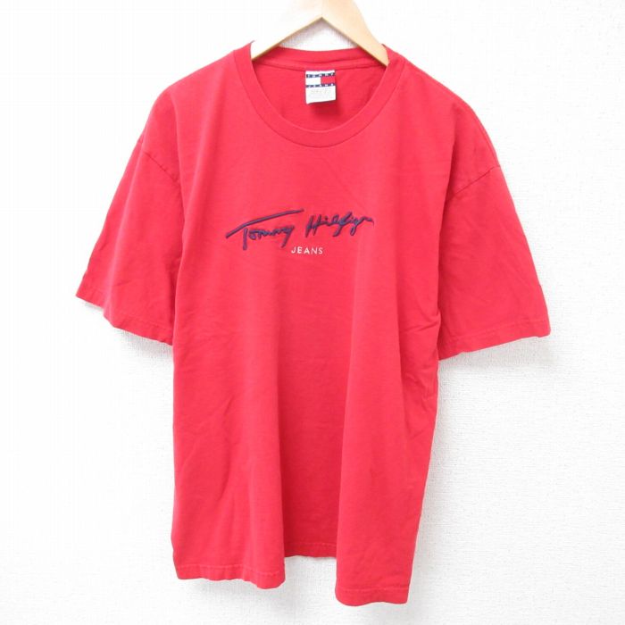 XL★古着 トミーヒルフィガー TOMMY HILFIGER トミージーンズ 半袖 ブランド Tシャツ メンズ 90年代 90s ビッグロゴ 刺繍 大きいサイズ コットン クルーネック 赤 レッド 25apr01 中古
