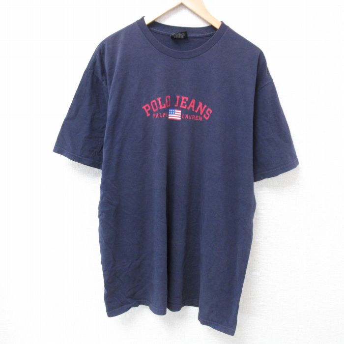 XL★古着 ラルフローレン Ralph Lauren ポロジーンズ 半袖 ブランド Tシャツ メンズ ビッグロゴ 大きいサイズ コットン クルーネック 紺 ネイビー 25apr01 中古