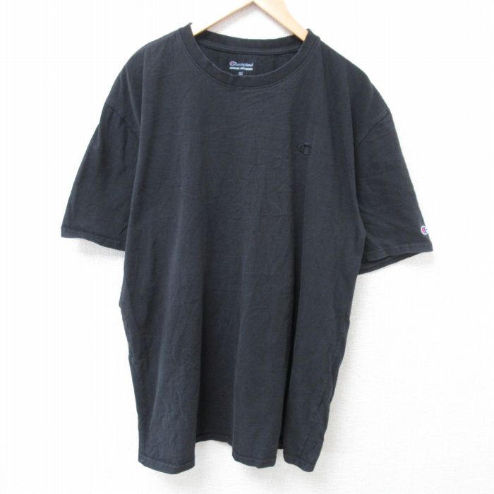 XL★古着 チャンピオン Champion 半袖 ブランド Tシャツ メンズ ワンポイントロゴ 大きいサイズ ロング丈 コットン クルーネック 黒 ブラック 25apr01 中古