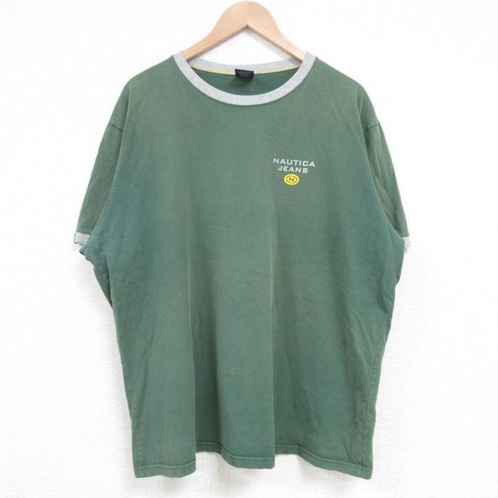 XL★古着 ノーティカ NAUTICA 半袖 ブランド Tシャツ メンズ ワンポイントロゴ コットン クルーネック 緑 グリーン 25apr18 中古