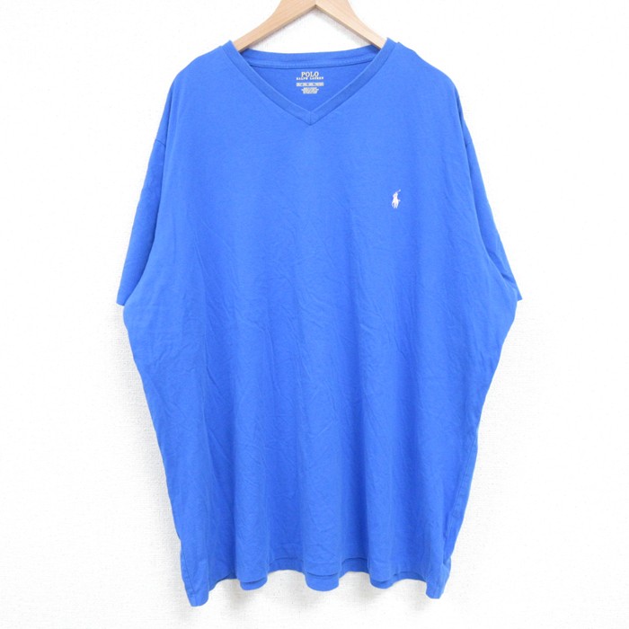 【50%OFF】XL★古着 ラルフローレン Ralph Lauren 半袖 ブランド Tシャツ メンズ ワンポイントロゴ 大きいサイズ Vネック 青 ブルー 25apr18 中古