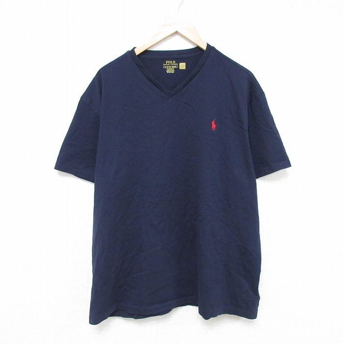 XL★古着 ラルフローレン Ralph Lauren 半袖 ブランド Tシャツ メンズ ワンポイントロゴ 大きいサイズ コットン Vネック 紺 ネイビー 25jun05 中古