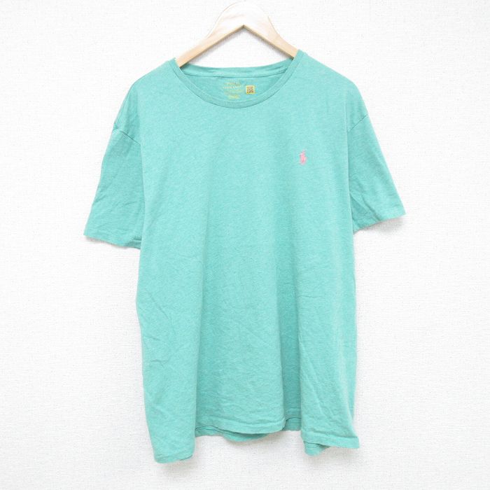 XL★古着 ラルフローレン Ralph Lauren 半袖 ブランド Tシャツ メンズ ワンポイントロゴ 大きいサイズ コットン クルーネック 薄緑 グリーン 霜降り 25jun05 中古