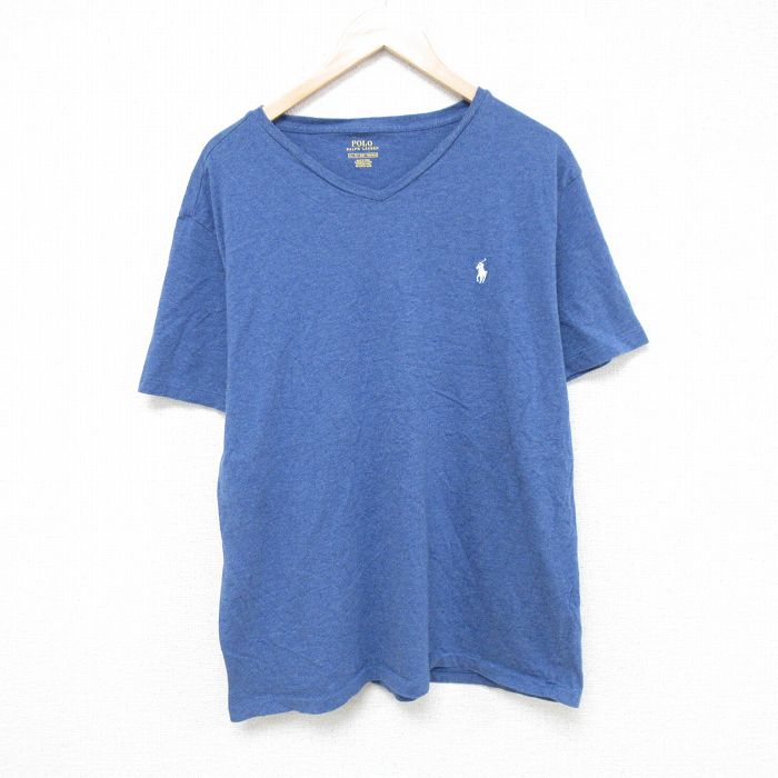 XL★古着 ラルフローレン Ralph Lauren 半袖 ブランド Tシャツ メンズ ワンポイントロゴ Vネック 青系 ブルー 霜降り 25jun05 中古