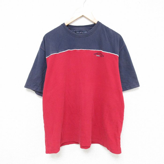 XL★古着 トミーヒルフィガー TOMMY HILFIGER 半袖 ブランド Tシャツ メンズ ワンポイントロゴ ツートンカラー コットン クルーネック 赤他 レッド 25jun05 中古
