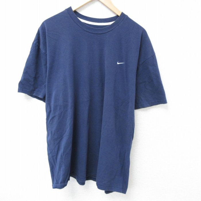 【50%OFF】XL★古着 ナイキ NIKE 半袖 ブランド Tシャツ メンズ ワンポイントロゴ 大きいサイズ コットン クルーネック 紺 ネイビー 25may15 中古