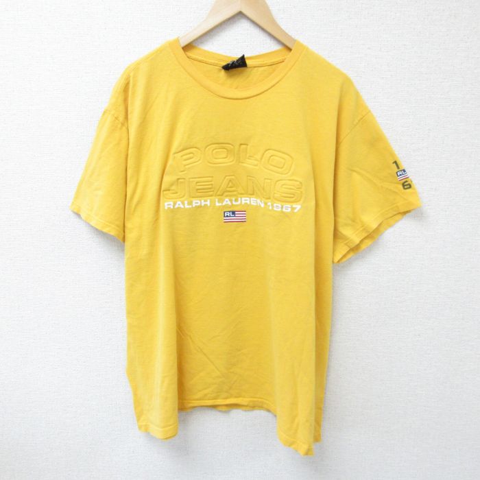 XL★古着 ラルフローレン Ralph Lauren ポロジーンズ 半袖 ブランド Tシャツ メンズ ビッグロゴ 大きいサイズ コットン クルーネック 黄 イエロー 【spe】 25may15 中古