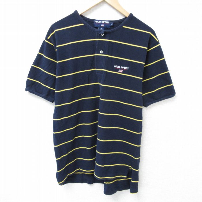 XL★古着 ラルフローレン Ralph Lauren ポロジーンズ 半袖 ブランド Tシャツ メンズ ワンポイントロゴ 鹿の子 コットン ヘンリーネック 紺 ネイビー ボーダー 25may15 中古