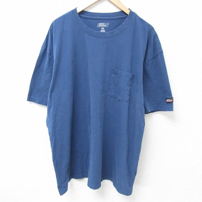 XL★古着 ディッキーズ Dickies 半袖 ブランド Tシャツ メンズ 無地 胸ポケット付き 大きいサイズ コットン クルーネック 薄紺 ネイビー 25may15 中古