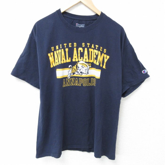 XL★古着 チャンピオン champion 半袖 ブランド Tシャツ メンズ ミリタリー NAVAL クルーネック 紺 ネイビー 25may15 中古