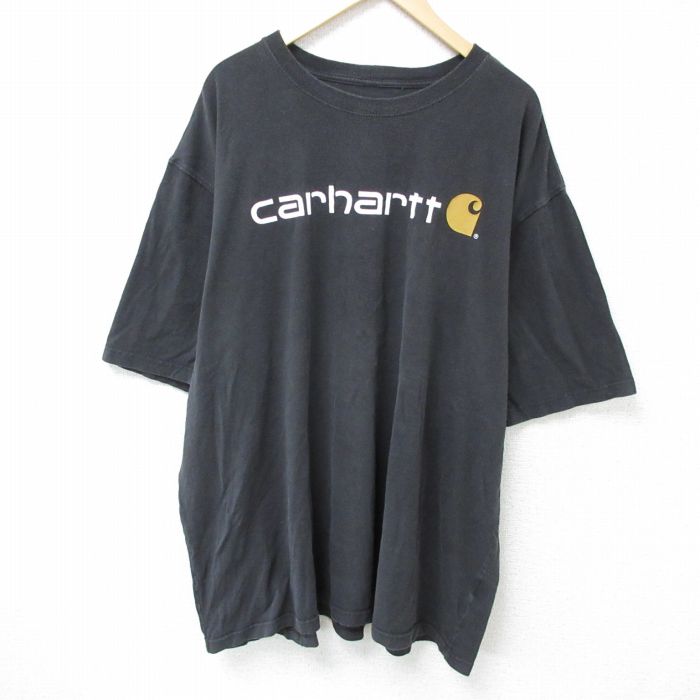 XL★古着 カーハート Carhartt 半袖 ブランド Tシャツ メンズ ビッグロゴ 大きいサイズ ロング丈 コットン クルーネック 黒 ブラック 25may15 中古