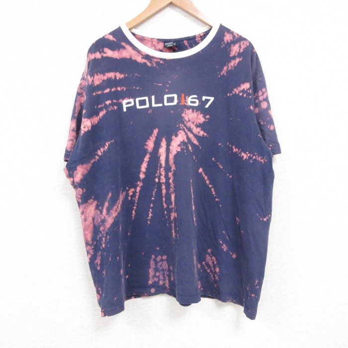 XL★古着 ラルフローレン Ralph Lauren 半袖 ブランド Tシャツ メンズ 90年代 90s ビッグロゴ 大きいサイズ コットン クルーネック 紺 ネイビー ブリーチ加工 25jun04 中古