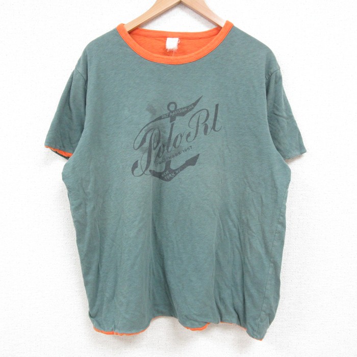 XL★古着 ラルフローレン Ralph Lauren 半袖 ブランド Tシャツ メンズ リバーシブル コットン クルーネック 薄緑 グリーン 25jun04 中古