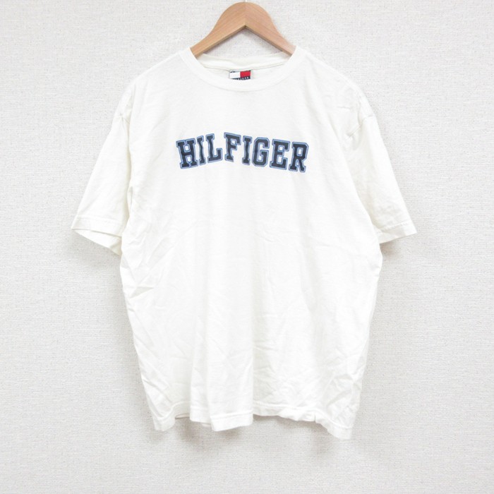 L★古着 トミーヒルフィガー TOMMY HILFIGER 半袖 ブランド Tシャツ メンズ 90年代 90s ビッグロゴ コットン クルーネック 白 ホワイト 25jun04 中古
