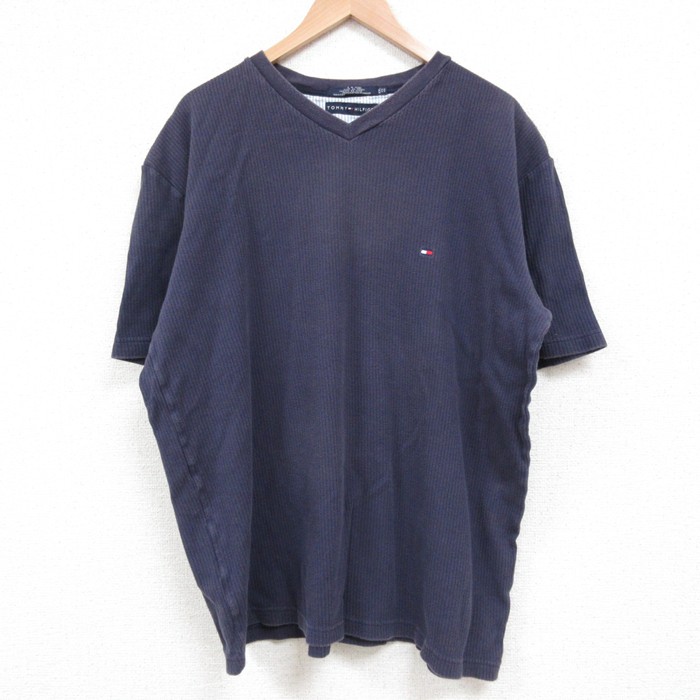 トミーヒルフィガー 半袖Tシャツ ワンポイントロゴ ネイビーストライプ XL | 古着