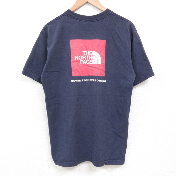 M★古着 ノースフェイス THE NORTH FACE 半袖 ブランド Tシャツ メンズ ビッグロゴ コットン クルーネック 紺 ネイビー 25jun04 中古
