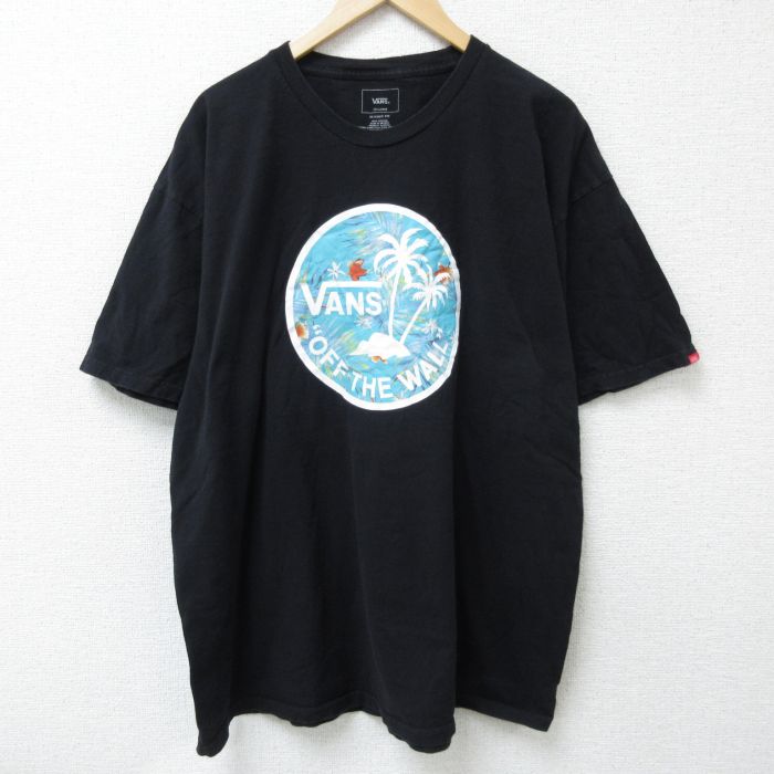 【50%OFF】XL★古着 バンズ VANS 半袖 ブランド Tシャツ メンズ ビッグロゴ ヤシの木 大きいサイズ コットン クルーネック 黒 ブラック 25may22 中古