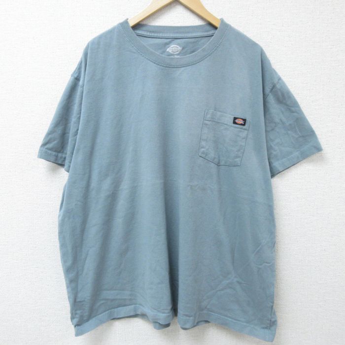 XL★古着 ディッキーズ Dickies 半袖 Tシャツ メンズ ワンポイントロゴ 胸ポケット付き 大きいサイズ コットン クルーネック 青系 ブルー 25may22 中古