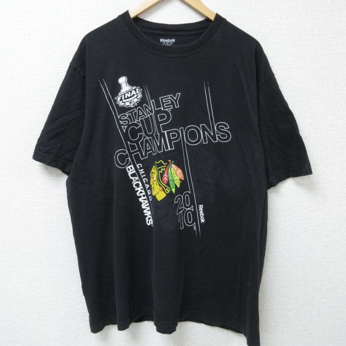 XL★古着 リーボック REEBOK 半袖 ブランド Tシャツ メンズ NHL シカゴブラックホークス パトリックケイン マリアンホッサ 大きいサイズ コットン クルーネック 黒 ブラック アイスホッケー 25may22 中古