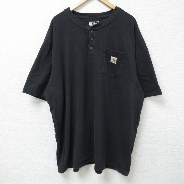 【20%OFF】XL★古着 カーハート Carhartt 半袖 ブランド Tシャツ メンズ ワンポイントロゴ 胸ポケット付き 大きいサイズ ロング丈 コットン ヘンリーネック 黒 ブラック 【spe】 25may22 中古