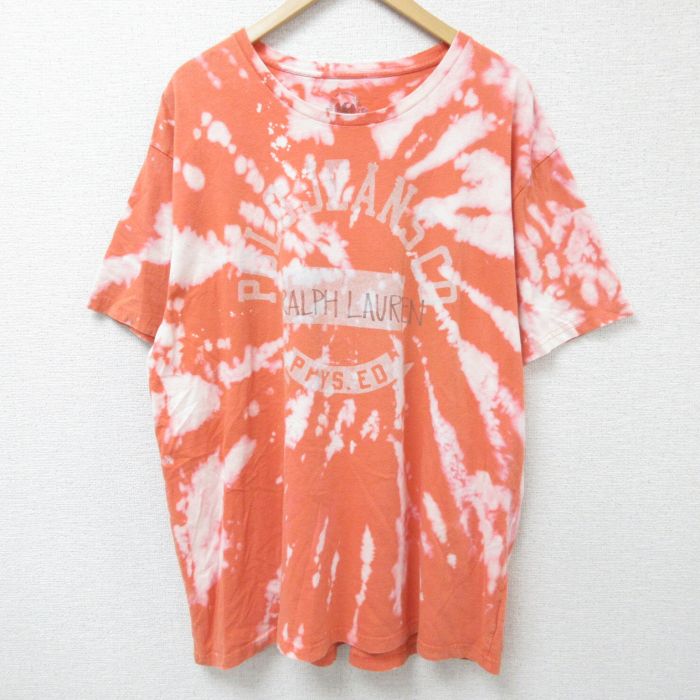 XL★古着 ラルフローレン Ralph Lauren ポロジーンズ 半袖 ブランド Tシャツ メンズ ビッグロゴ コットン クルーネック オレンジ他 タイダイ 25may22 中古