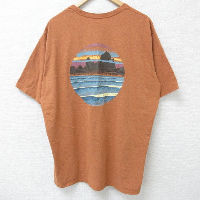 XL★古着 パタゴニア 半袖 ブランド Tシャツ メンズ ワンポイントロゴ 山 大きいサイズ クルーネック オレンジ 霜降り 25may22 中古