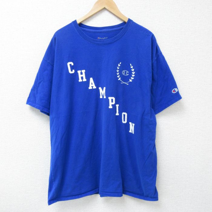 XL★古着 チャンピオン champion 半袖 ブランド Tシャツ メンズ ビッグロゴ 大きいサイズ コットン クルーネック 青 ブルー 25may22 中古