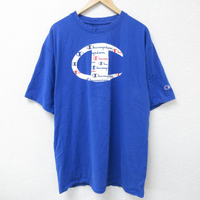 XL★古着 チャンピオン champion 半袖 ブランド Tシャツ メンズ ビッグロゴ 大きいサイズ コットン クルーネック 青 ブルー 25may22 中古