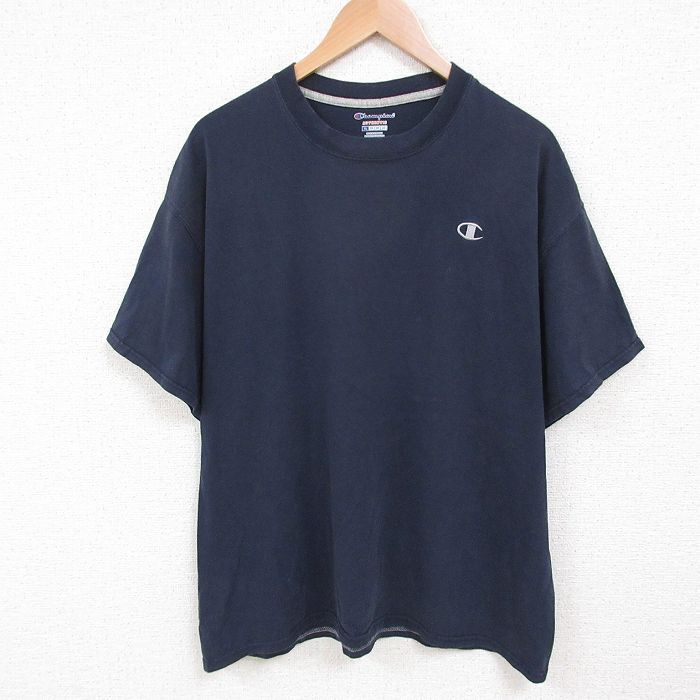 XL★古着 チャンピオン champion 半袖 ブランド Tシャツ メンズ ワンポイントロゴ クルーネック 紺 ネイビー 25jun06 中古
