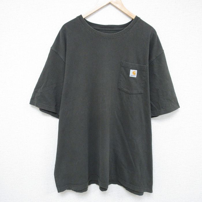 XL★古着 カーハート Carhartt 半袖 ブランド Tシャツ メンズ 胸ポケット付き 大きいサイズ ロング丈 コットン クルーネック 濃緑 グリーン 【spe】 25jun06 中古