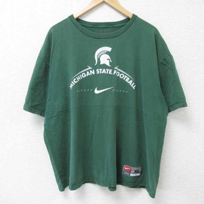 XL★古着 ナイキ NIKE 半袖 ブランド Tシャツ メンズ ミシガン フットボール 大きいサイズ コットン クルーネック 緑 グリーン 25may26 中古