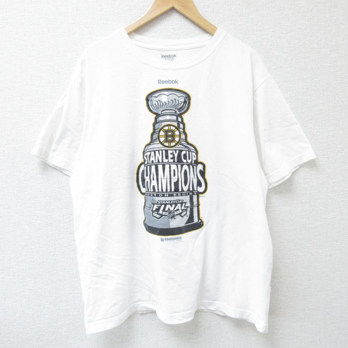 【50%OFF】XL★古着 リーボック REEBOK 半袖 ブランド Tシャツ メンズ NHL ボストンブルーインズ 大きいサイズ コットン クルーネック 白 ホワイト アイスホッケー 25may26 中古