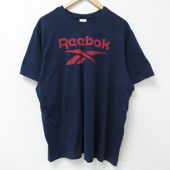 XL★古着 リーボック REEBOK 半袖 ブランド Tシャツ メンズ ビッグロゴ 大きいサイズ コットン クルーネック 紺 ネイビー 25may26 中古