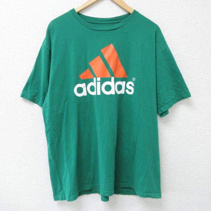 XL★古着 アディダス adidas 半袖 ブランド Tシャツ メンズ ビッグロゴ 大きいサイズ コットン クルーネック 緑 グリーン 25may26 中古
