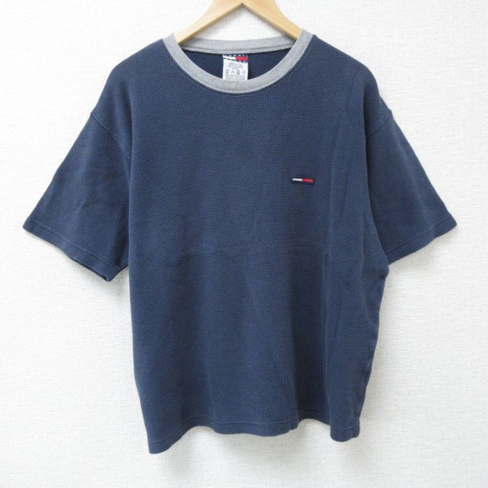 XL★古着 トミーヒルフィガー TOMMY HILFIGER トミージーンズ 半袖 ブランド Tシャツ メンズ 90年代 90s ワンポイントロゴ 大きいサイズ コットン クルーネック 紺 ネイビー 25may26 中古