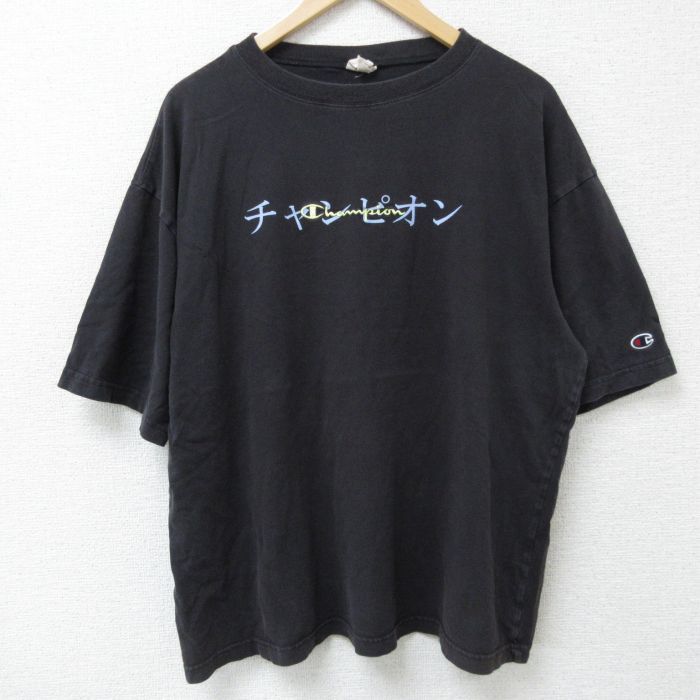 XL★古着 チャンピオン champion 半袖 ブランド Tシャツ メンズ ビッグロゴ 大きいサイズ クルーネック 黒 ブラック 25may26 中古