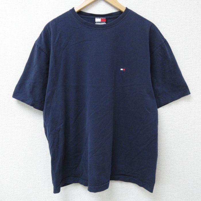 XL★古着 トミーヒルフィガー TOMMY HILFIGER 半袖 ブランド Tシャツ メンズ 90年代 90s ワンポイントロゴ コットン クルーネック 紺 ネイビー 25may26 中古