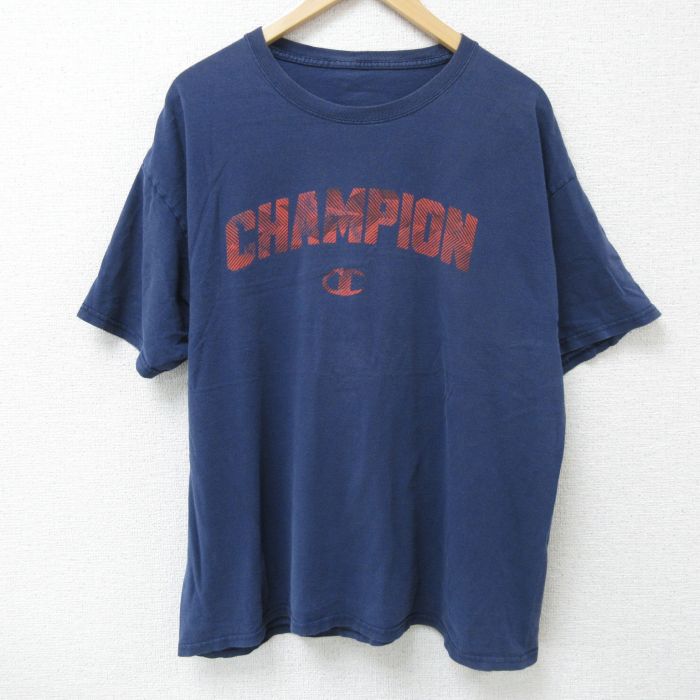 XL★古着 チャンピオン champion 半袖 ブランド Tシャツ メンズ ビッグロゴ コットン クルーネック 紺 ネイビー 25may26 中古