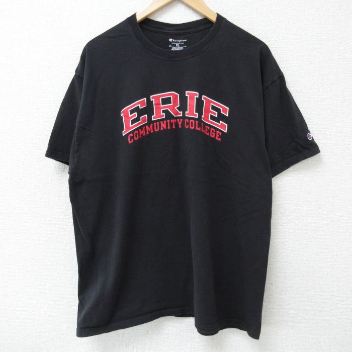 【50%OFF】XL★古着 チャンピオン champion 半袖 ブランド Tシャツ メンズ エリーコミュニティ カレッジ コットン クルーネック 黒 ブラック 25may26 中古