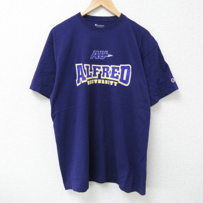 【50%OFF】XL★古着 チャンピオン champion 半袖 ブランド Tシャツ メンズ アルフレッド 大学 コットン クルーネック 紺 ネイビー 25may26 中古