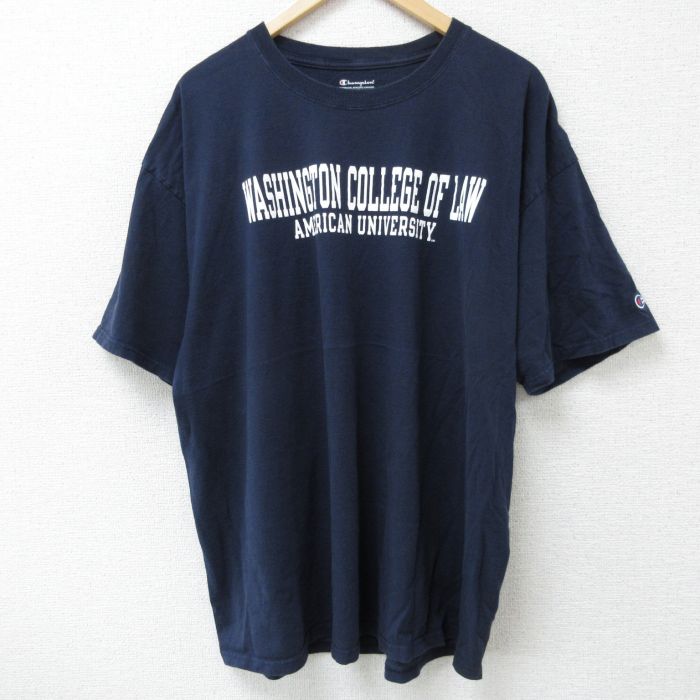 【20%OFF】XL★古着 チャンピオン champion 半袖 ブランド Tシャツ メンズ ワシントン カレッジ 大学 コットン クルーネック 紺 ネイビー 25may26 中古