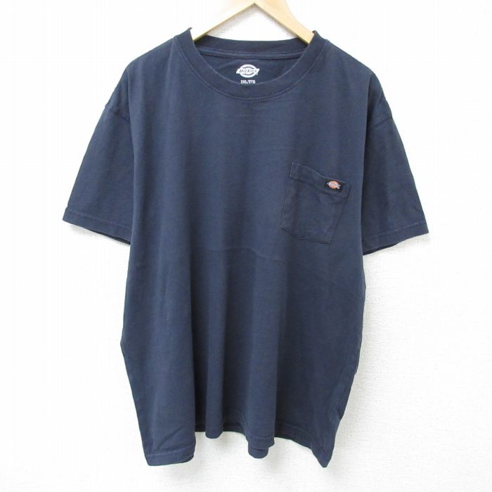 XL★古着 ディッキーズ Dickies 半袖 ブランド Tシャツ メンズ ワンポイントロゴ 胸ポケット付き 大きいサイズ コットン クルーネック 紺 ネイビー 25may26 中古