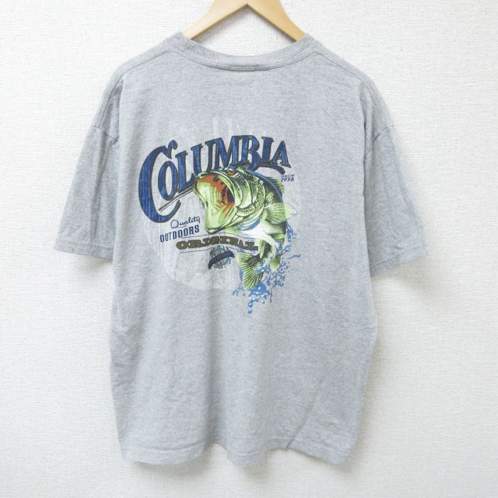 XL★古着 コロンビア COLUMBIA 半袖 ブランド Tシャツ メンズ 魚 ビッグロゴ 大きいサイズ クルーネック グレー 霜降り 25may26 中古