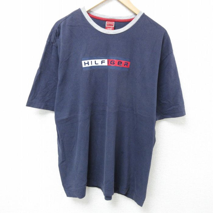 XL★古着 トミーヒルフィガー TOMMY HILFIGER 半袖 ブランド Tシャツ メンズ ビッグロゴ 大きいサイズ コットン クルーネック 紺 ネイビー 25may26 中古