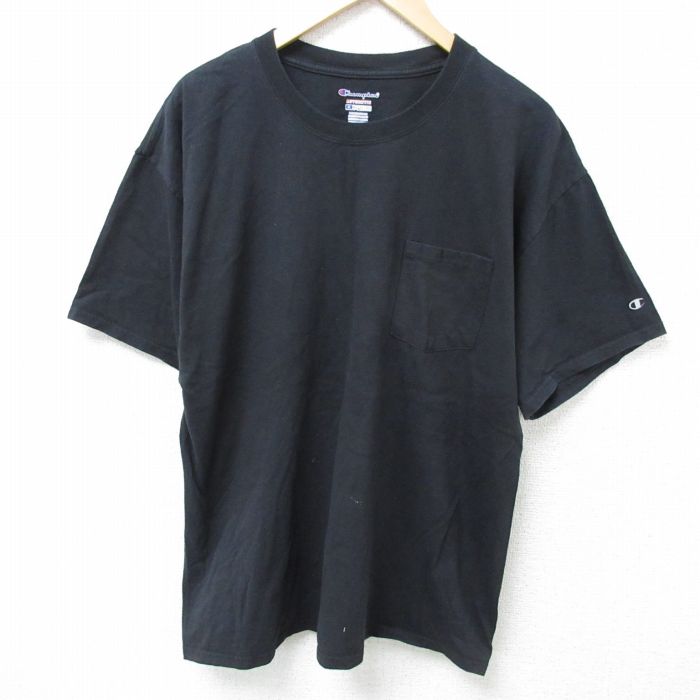 XL★古着 チャンピオン champion 半袖 ブランド Tシャツ メンズ 無地 胸ポケット付き コットン クルーネック 黒 ブラック 25may26 中古