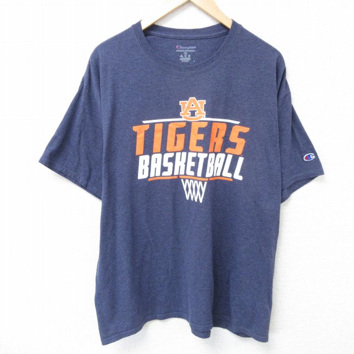 XL★古着 チャンピオン champion 半袖 ブランド Tシャツ メンズ バスケットボール 大きいサイズ クルーネック 紺 ネイビー 霜降り 25jun09 中古