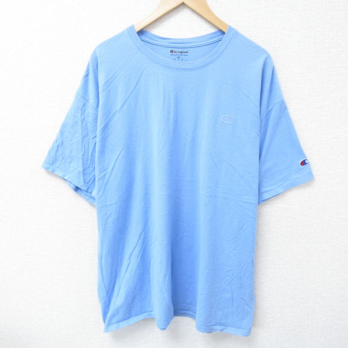 XL★古着 チャンピオン champion 半袖 ブランド Tシャツ メンズ ワンポイントロゴ 大きいサイズ クルーネック 水色 25jun09 中古