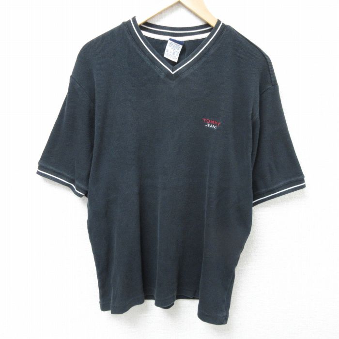 XL★古着 トミーヒルフィガー TOMMY HILFIGER トミージーンズ 半袖 ブランド Tシャツ メンズ ワンポイントロゴ 大きいサイズ コットン Vネック 黒 ブラック 25jun09 中古
